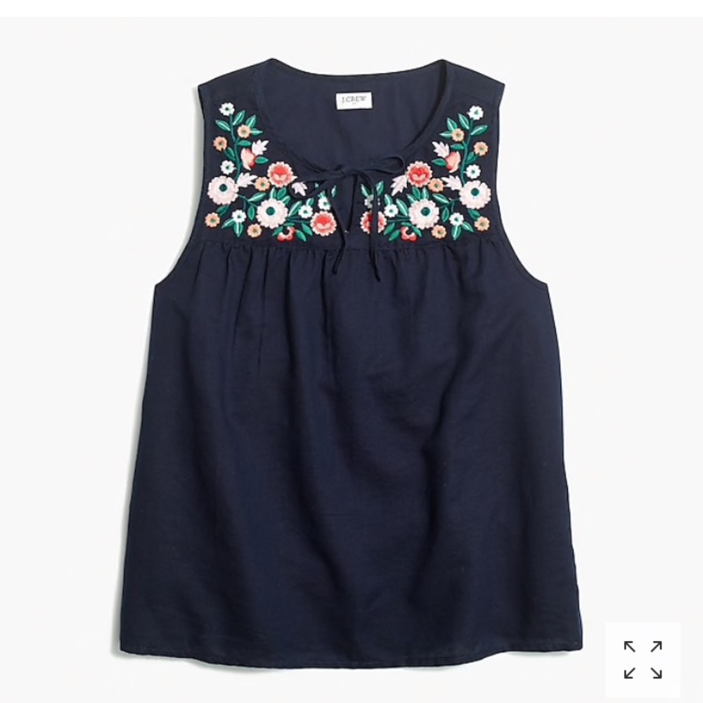 J. Crew Navy Embroidered Tie-Neck Top
